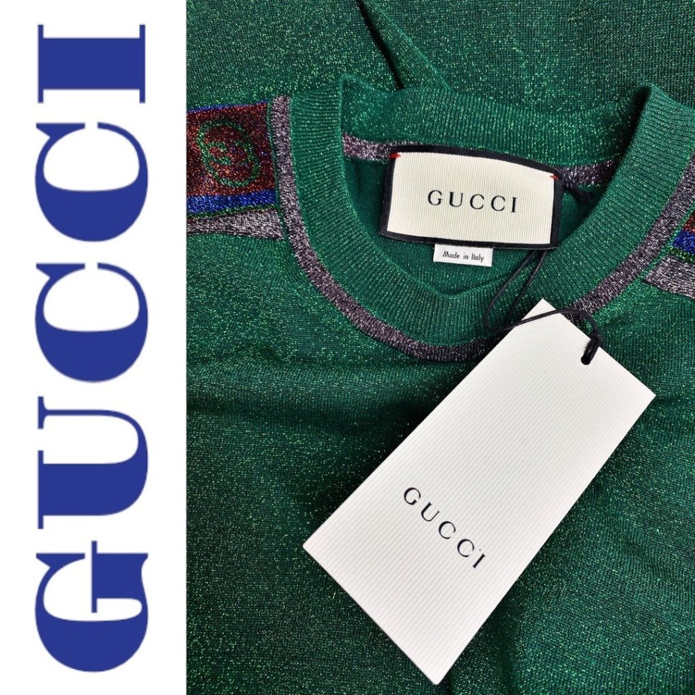 NWT GUCCI Metallic Green Short Sleeve Crew Neck Mini T-Shirt Dress, Size Small - Picture 11 of 13